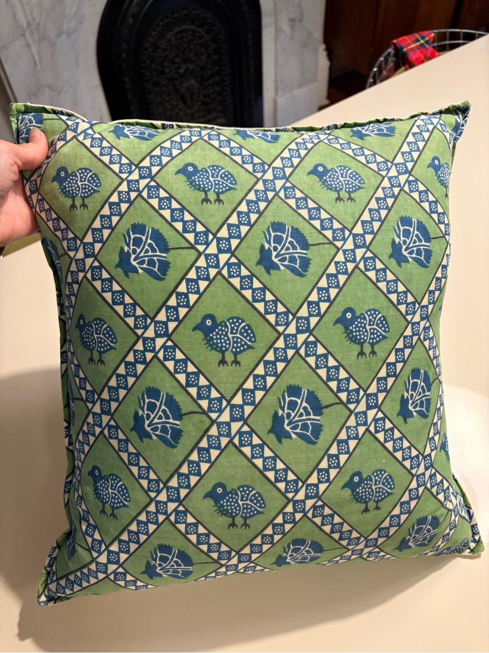 18" x 20" green/navy printed front decorative pillow